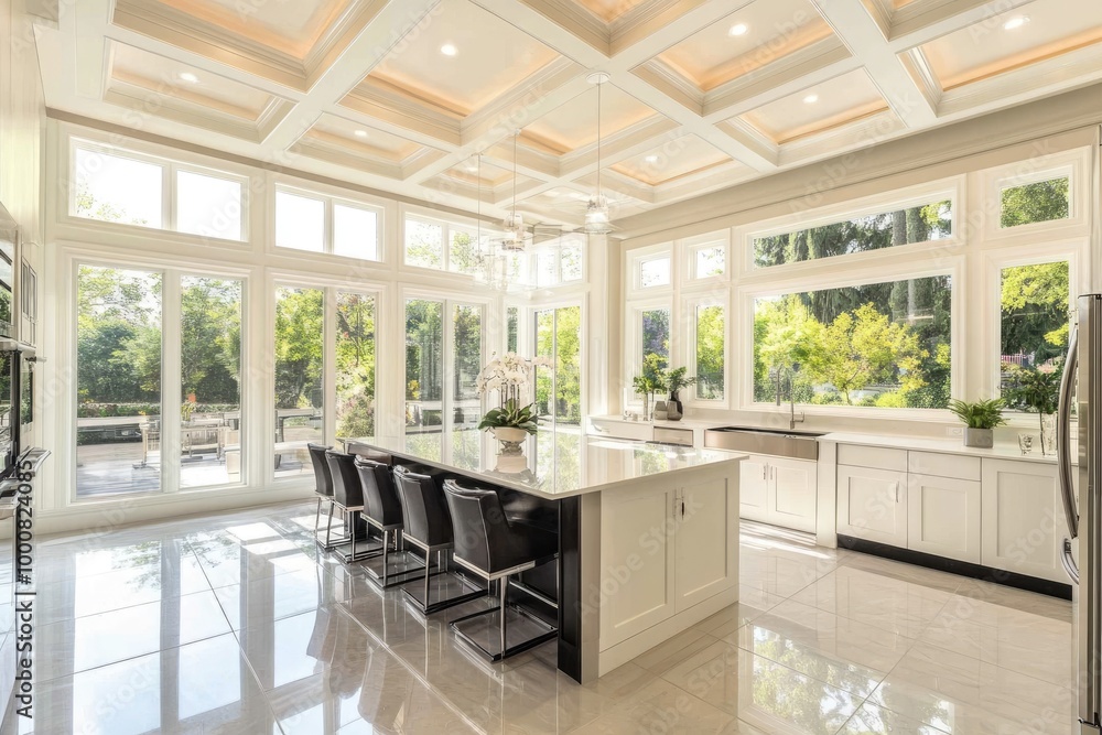 A bright contemporary kitchen with glossy tile floors, white cabinets, and a large island, with natural light streaming through the windows A bright contemporary kitchen with glossy tile floors, white cabinets, and a large island, with natural light streaming through the windows