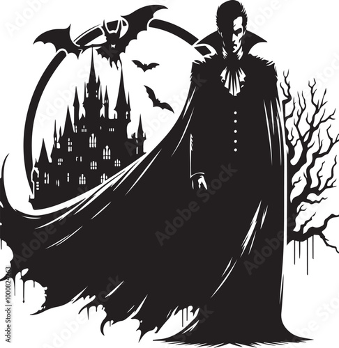 Silhouette of a vampire in a cape with a castle behind 