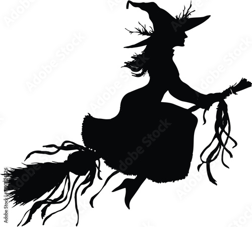 Silhouette of a witch flying on a broomstick