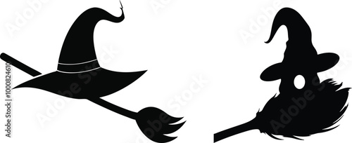 Silhouette of a witch hat on a broomstick