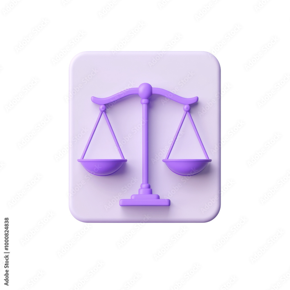 Modern 3D Purple Justice Scale Icon on White Background for Legal and Business Concepts Modern 3D Purple Justice Scale Icon on White Background for Legal and Business Concepts