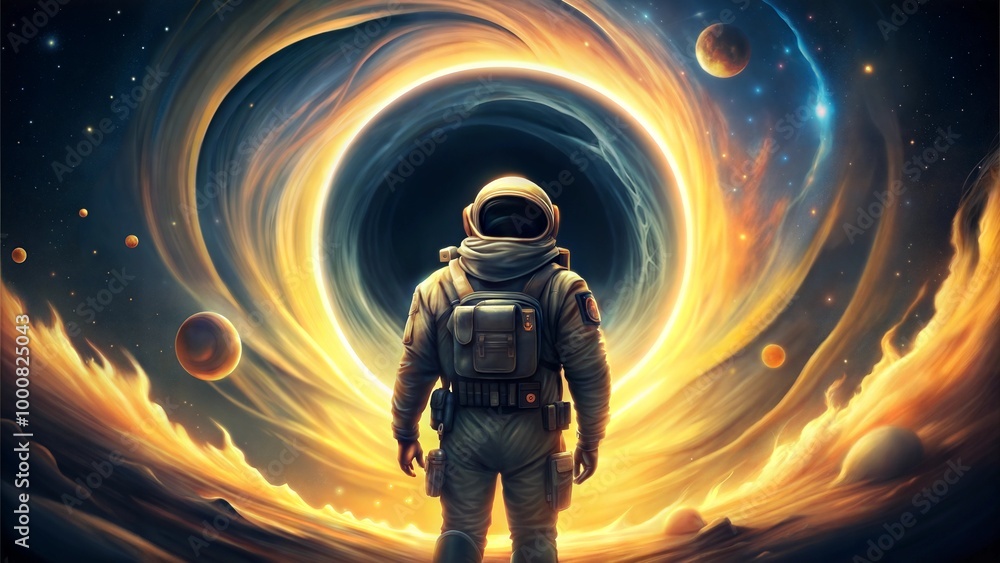 Astronaut standing before a glowing black hole in deep space Astronaut standing before a glowing black hole in deep space