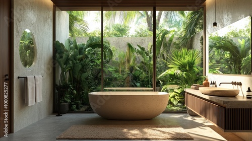 A luxurious Balinese villa bathroom, with natural stone floors, a freestanding bathtub, and large windows framing views of the surrounding tropical garden