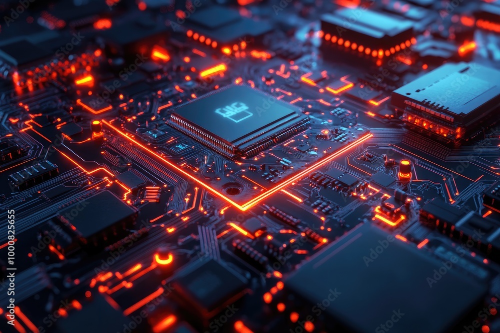 A computer processor with glowing circuits and data pulses, symbolizing advanced computing technology and microchip development. A computer processor with glowing circuits and data pulses, symbolizing advanced computing technology and microchip development.