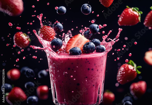 A colorful and vibrant smoothie with berries spilling out, splashing around the glass against a black background.