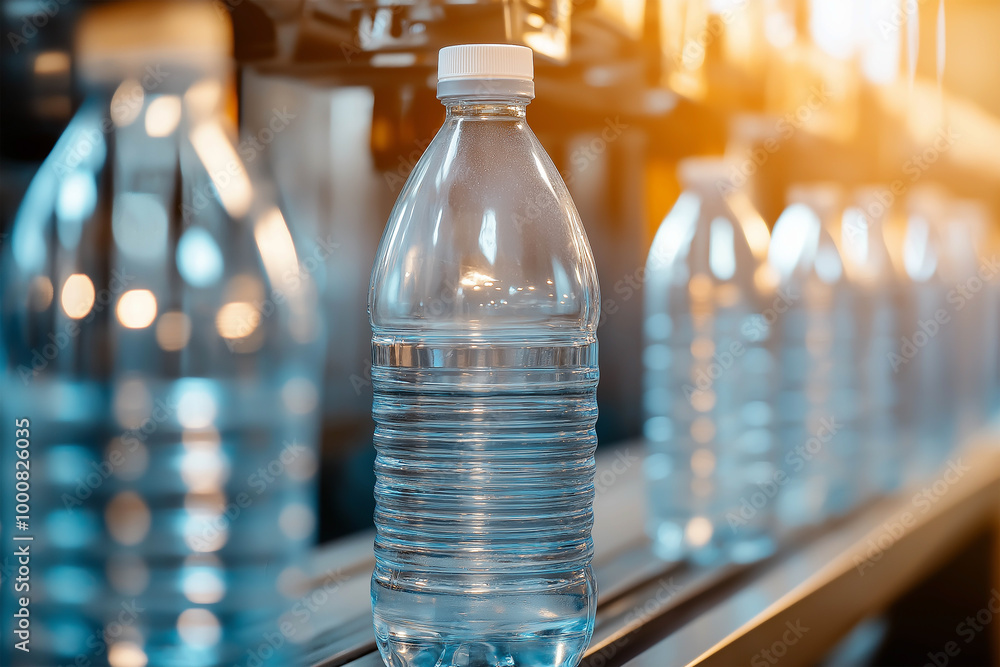 Plastic bottles traveling along a conveyor belt in a factory setting surrounded by a warm light Plastic bottles traveling along a conveyor belt in a factory setting surrounded by a warm light