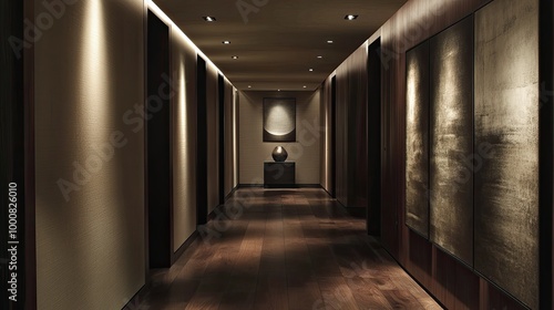 A contemporary hallway with dark wood floors, sleek modern art on the walls, and subtle recessed lighting guiding the way.