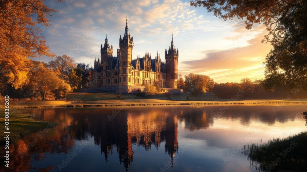 Obraz premium Majestic Castle Reflection at Sunset