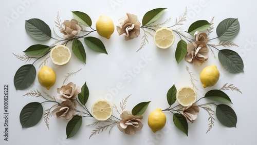 Beautiful olive branch frame with vibrant flowers, perfect for nature-inspired design or summer decoration