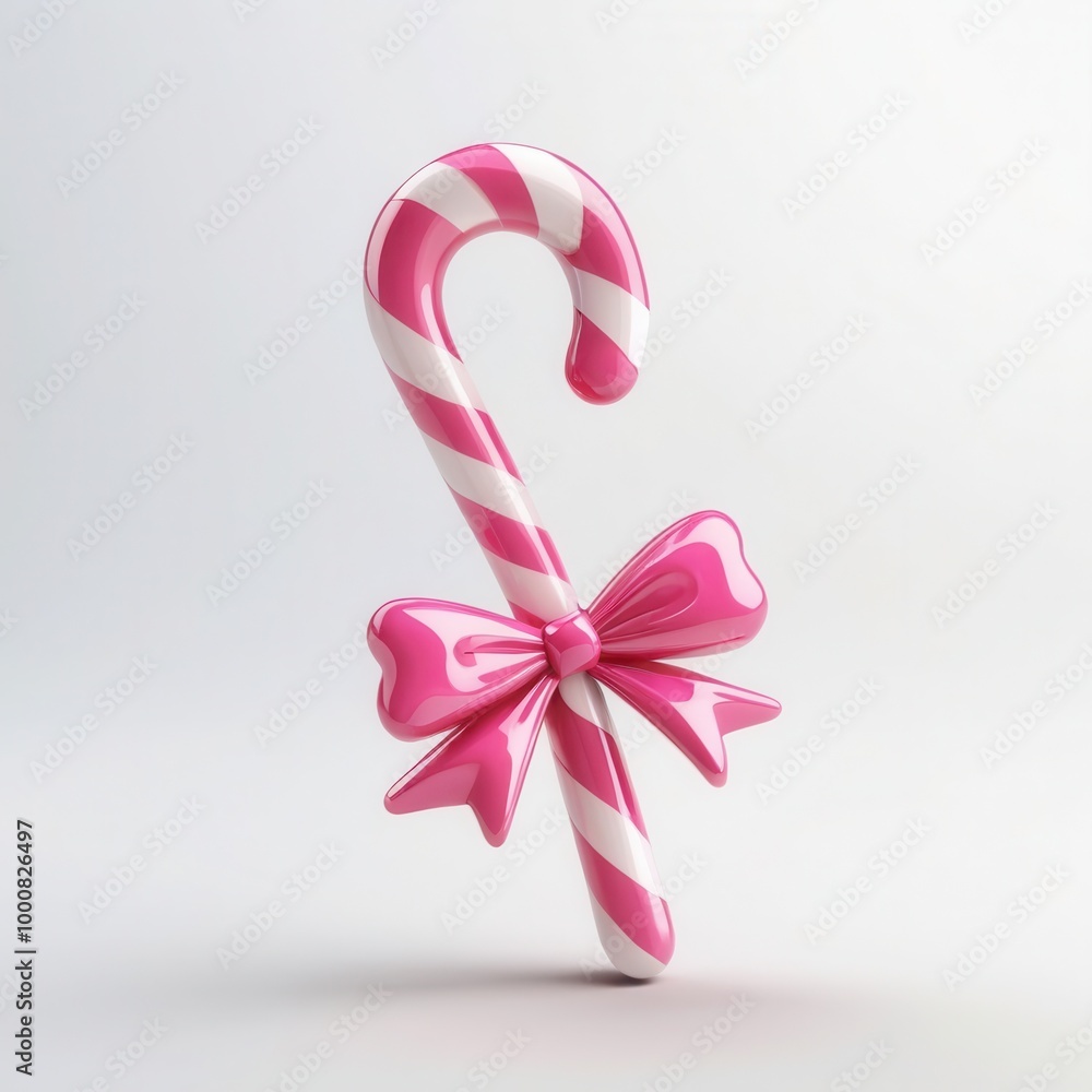 a 3d pink and white candy cane with a pink bow on it. a 3d pink and white candy cane with a pink bow on it.