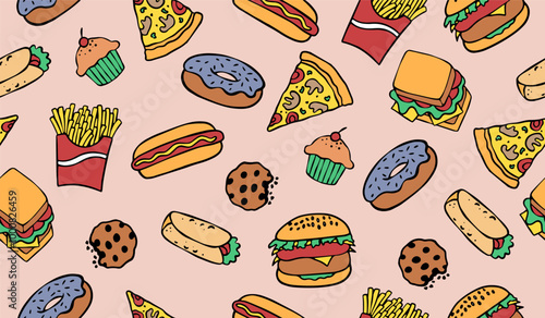 Cute fast food pattern background vector design