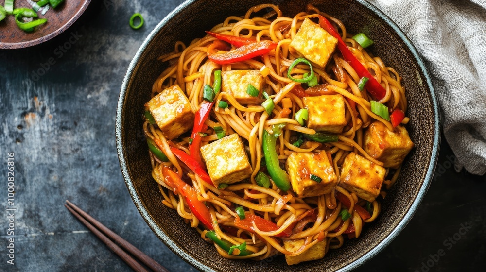 A delicious stir-fry of noodles, bell peppers, and tofu, all tossed in a generous coating of sweet chili sauce. A delicious stir-fry of noodles, bell peppers, and tofu, all tossed in a generous coating of sweet chili sauce.