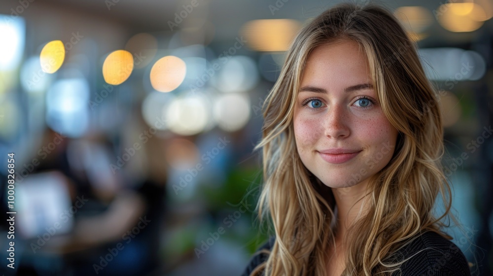 Obraz premium A young woman with beautiful hair gives a warm smile while standing in a vibrant café during the day. Generative AI