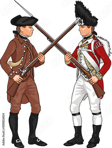 Minuteman and British Grenadier from American Revolutionary War Clashing Each Others Weapons, Illustration Isolated on Transparent Background, EPS 10 Vector