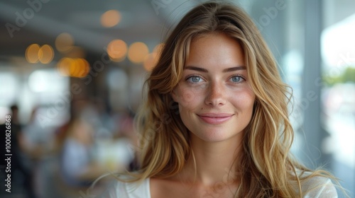 Wallpaper Mural Captivating young woman with long hair smiles warmly in a bright restaurant filled with soft ambient light. Generative AI Torontodigital.ca