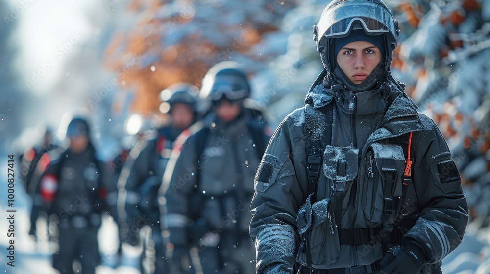Soldiers in winter gear march through the snow-covered forest, embodying focus and resilience during their training. Generative AI Soldiers in winter gear march through the snow-covered forest, embodying focus and resilience during their training. Generative AI