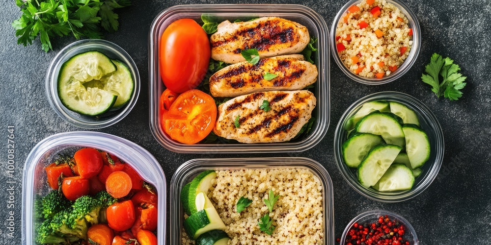 A flat lay of a meal prep station, with containers filled with grilled chicken, vegetables, and quinoa, promoting healthy eating and planning.