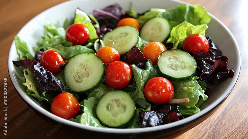 A fresh garden salad made with mixed greens, cucumbers, and cherry tomatoes, dressed with a tangy vinaigrette. A fresh garden salad made with mixed greens, cucumbers, and cherry tomatoes, dressed with a tangy vinaigrette.