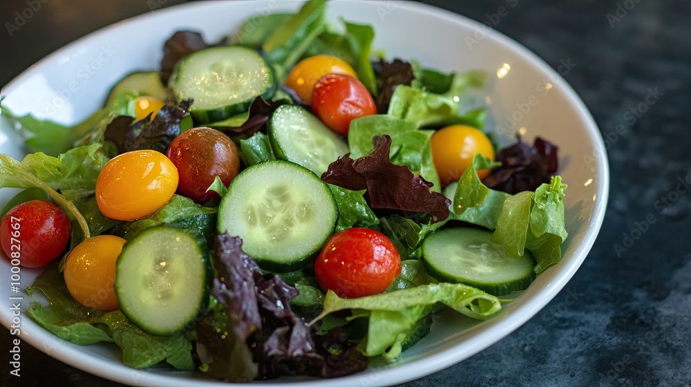 A fresh garden salad made with mixed greens, cucumbers, and cherry tomatoes, dressed with a tangy vinaigrette. A fresh garden salad made with mixed greens, cucumbers, and cherry tomatoes, dressed with a tangy vinaigrette.