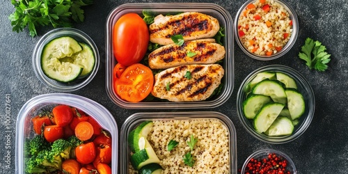 Obraz na płótnie A flat lay of a meal prep station, with containers filled with grilled chicken, vegetables, and quinoa, promoting healthy eating and planning. w salonie