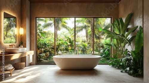 A luxurious tropical villa bathroom, with natural stone floors, a freestanding bathtub, and large windows framing views of a lush garden