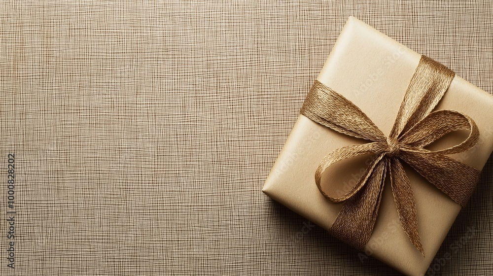 A beautifully wrapped gift box in elegant gold paper with a matching textured ribbon bow, placed on a woven fabric background, creating a luxurious and refined presentation A beautifully wrapped gift box in elegant gold paper with a matching textured ribbon bow, placed on a woven fabric background, creating a luxurious and refined presentation