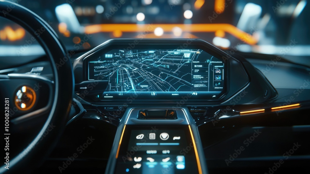 A futuristic car dashboard with a digital interface displaying navigation, real-time traffic updates, and AI-driven driving assistance. A futuristic car dashboard with a digital interface displaying navigation, real-time traffic updates, and AI-driven driving assistance.