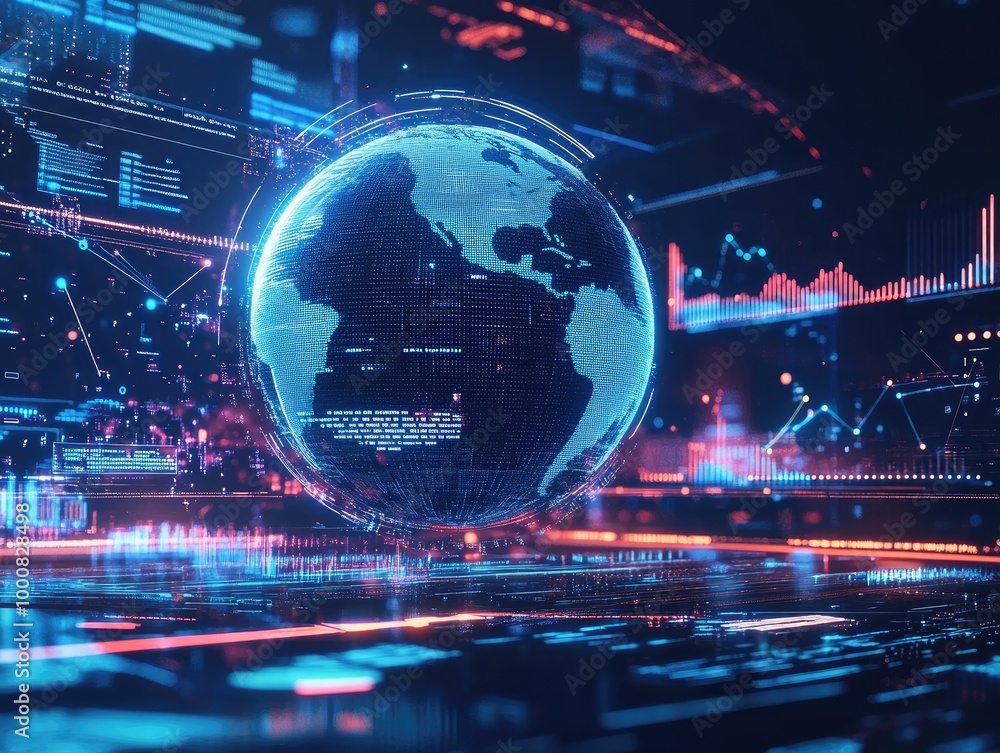 A futuristic digital globe surrounded by holographic charts and data, symbolizing global data networks and digital transformation. A futuristic digital globe surrounded by holographic charts and data, symbolizing global data networks and digital transformation.