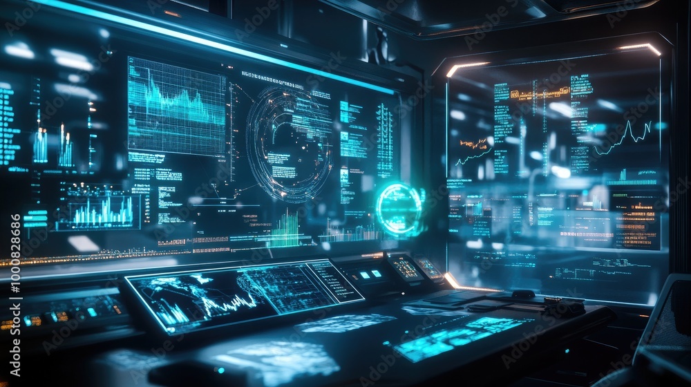A futuristic workspace filled with holographic screens and digital tools, displaying charts, codes, and 3D models in a sleek environment. A futuristic workspace filled with holographic screens and digital tools, displaying charts, codes, and 3D models in a sleek environment.