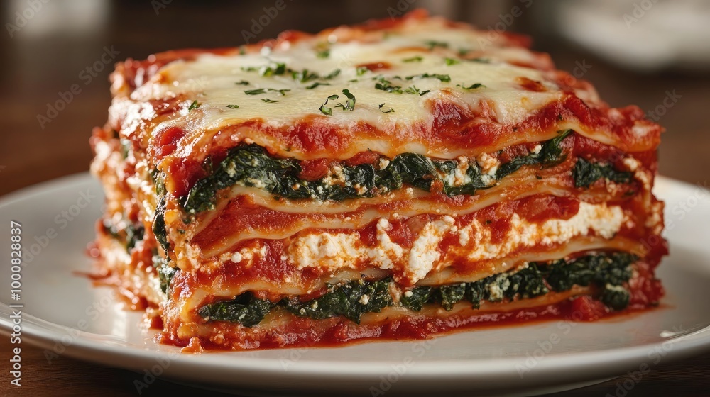 A hearty vegetarian lasagna made with layers of spinach, ricotta, and marinara sauce, topped with melted cheese. A hearty vegetarian lasagna made with layers of spinach, ricotta, and marinara sauce, topped with melted cheese.