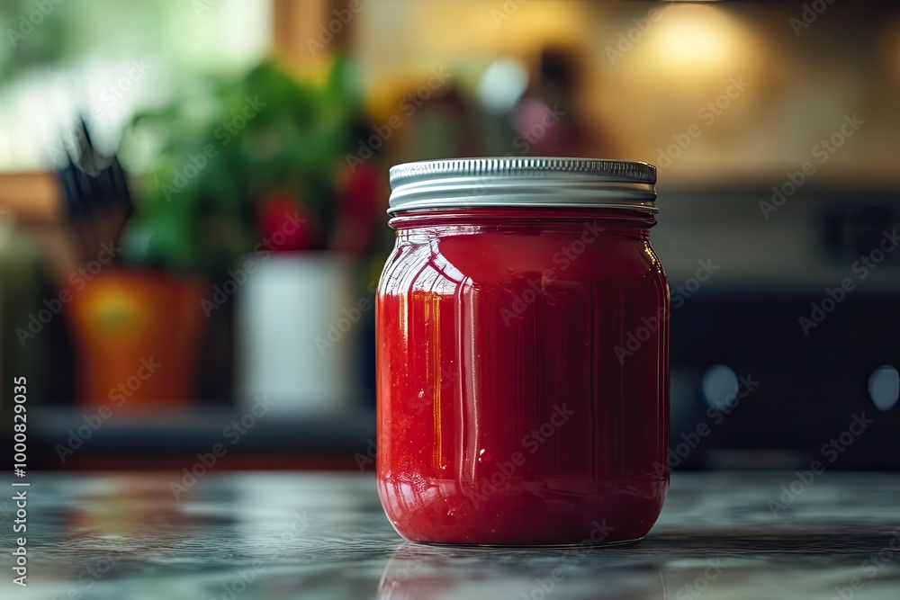 A jar of freshly made tomato pur, with the smooth, thick consistency glistening under the kitchen lights. A jar of freshly made tomato pur, with the smooth, thick consistency glistening under the kitchen lights.