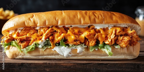 A large Buffalo chicken sub sandwich, overflowing with spicy grilled chicken, melted cheese, lettuce, and ranch dressing, served on a toasted hoagie roll. photo