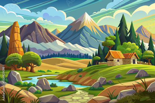 vector mountainous countryside with rocks cartoon illustration, landscape background