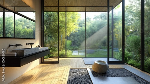 A minimalist Chinese-inspired bathroom, with bamboo floors, a stone sink, and sleek black fixtures, framed by floor-to-ceiling windows overlooking a peaceful garden