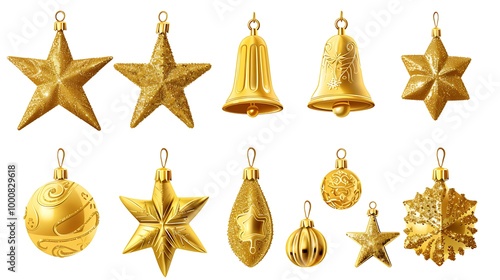 Christmas ornaments shaped like stars and bells, in gold color, cute cartoon style, isolated on white background