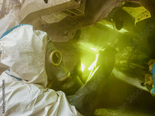 Valokuva sandblasting of car body, anti-corrosion treatment, body repair