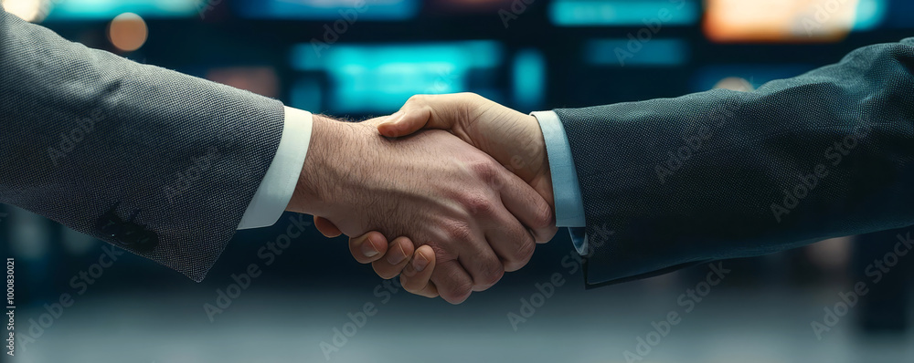 Obraz premium Closing handshake between tech executives at a major industry expo, high-end digital screens in the background, futuristic and dynamic setting