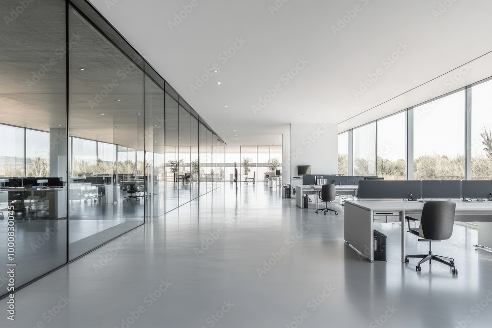 A minimalist office space with light grey vinyl floors, sleek desks, and large glass partitions, offering a modern, professional look. A minimalist office space with light grey vinyl floors, sleek desks, and large glass partitions, offering a modern, professional look.