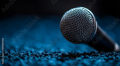 Photo of a Microphone on a Blue Background Representing Podcasting 