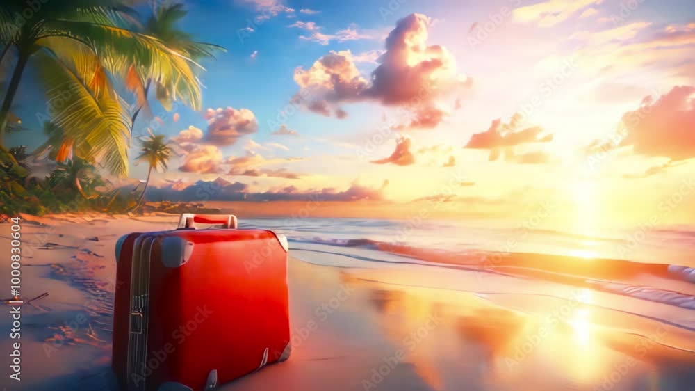 Red Suitcase on a Sandy Beach with Palm Trees at Sunset, Symbolizing Travel, Adventure, Summer Vacation Red Suitcase on a Sandy Beach with Palm Trees at Sunset, Symbolizing Travel, Adventure, Summer Vacation