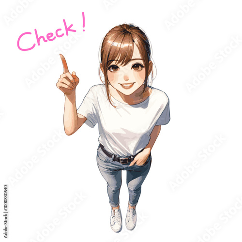 「チェック！」ポーズをとる若い女性のイラスト１
