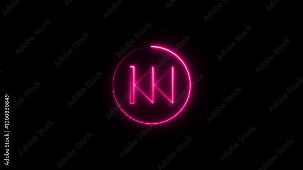 Previous button neon shine fast backward button icon. On black background. Previous button neon shine fast backward button icon. On black background.