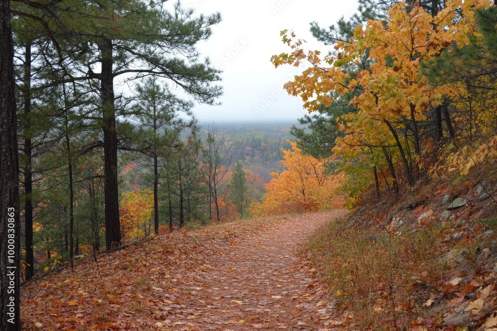 A mountain trail covered in fallen autumn leaves, with tall pine trees mixed with colorful maples, leading up to a scenic overlook. A mountain trail covered in fallen autumn leaves, with tall pine trees mixed with colorful maples, leading up to a scenic overlook.