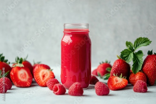 Wallpaper Mural Freshly blended red smoothie in a glass jar surrounded by strawberries and raspberries Torontodigital.ca