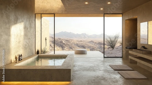 A minimalist desert retreat bathroom, with natural stone floors, a sunken bathtub, and large windows framing views of the desert