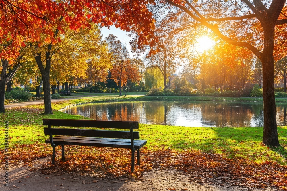 A peaceful autumn park with colorful trees, a bench overlooking a small pond, and the warm glow of the late afternoon sun. A peaceful autumn park with colorful trees, a bench overlooking a small pond, and the warm glow of the late afternoon sun.