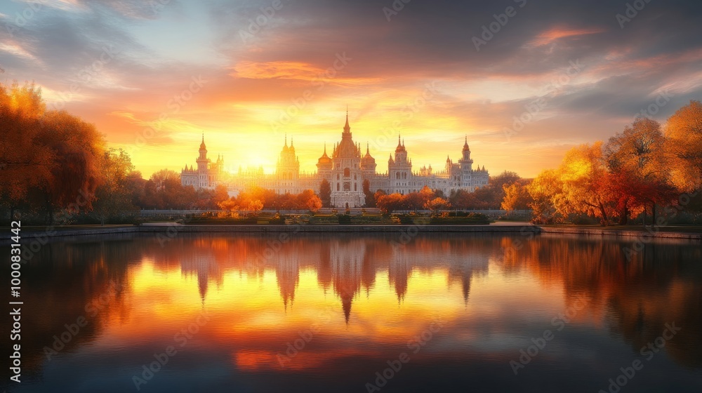Fototapeta premium Majestic Castle Reflection at Sunset over Calm Lake