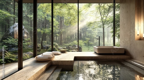 A minimalist Japanese onsen bathroom, featuring natural stone floors, a soaking tub, and floor-to-ceiling windows framing views of the forest