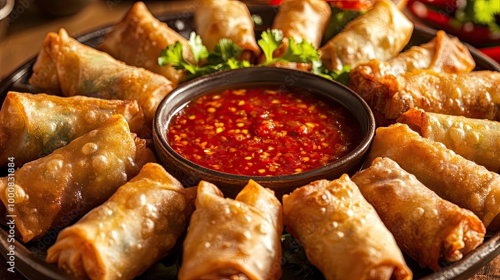 Fototapeta A platter of crispy spring rolls with a bowl of sweet chili sauce in the center, ready for dipping.