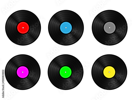 Collection of 6 vintage retro classic vinyl records in diifferent colors, realistic shadows and surface structure